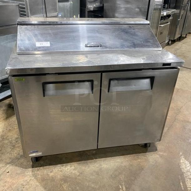 Turbo Air MST-48-N 2-door refrigerated prep table with poly coated rack, stainless steel, on casters, 115V.