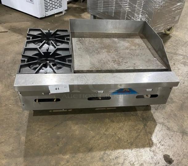 Comstock-Castle FHP36-24 commercial stainless steel 2-burner griddle range, featuring split top, back splash, and side splash.