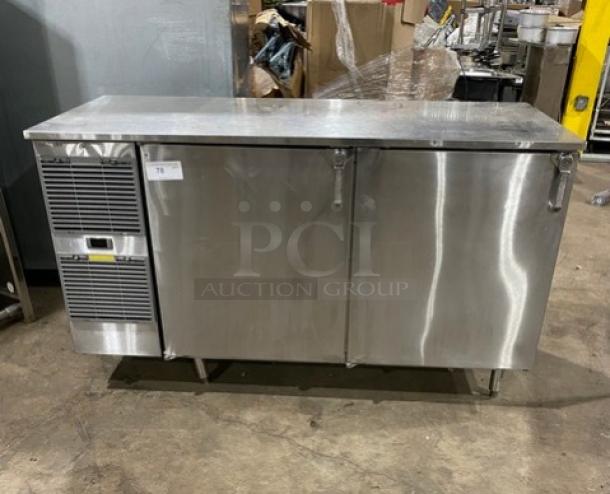 GlasTender 60" stainless steel refrigerated back bar cabinet, model LP60-L6-SS(LL), with two doors and poly coated wired rack.