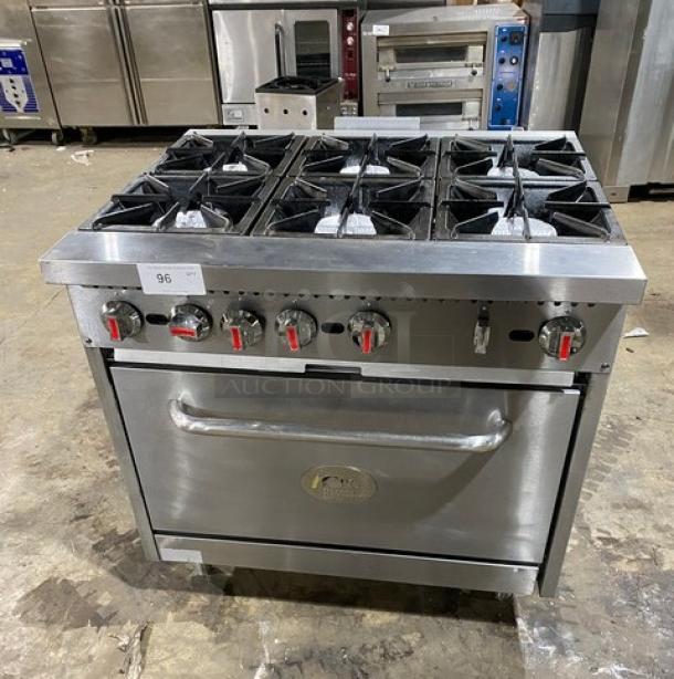 CPG Commercial 36" 6-Burner Stainless Steel Range/Oven Combo, Model 351S36N, features wired oven rack, on legs, natural gas-powered.