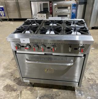 CPG Commercial 36" 6-Burner Stainless Steel Range/Oven Combo, Model 351S36N, features wired oven rack, on legs, natural gas-powered.
