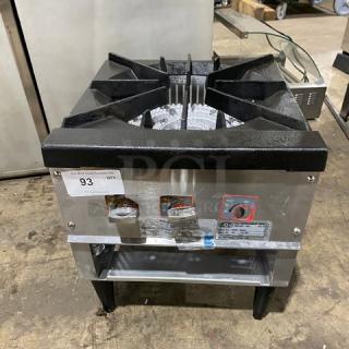L&J Stainless Steel Natural Gas Single Burner Stock Pot Range, Model OWST-018-2, on legs, used condition, item 93 label visible.