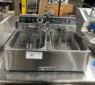 Adcraft DF6L2 countertop dual 6L deep fat fryer, stainless steel, electric, with knobbed lid, mesh fry baskets, 120V.