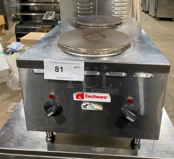 Cecilware stainless steel dual burner hot plate, electric powered, countertop model, on legs, with control knobs.
