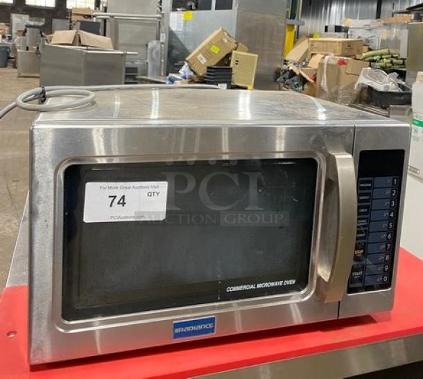 Turbo Air Radiance Series stainless steel microwave oven, model TMW1100NE, with programmable digital control, 120V, on legs.
