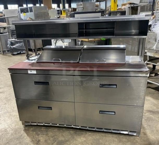 Delfield stainless steel 4-drawer refrigerated prep table, model UCD446N-12-DD5. Features overhead storage, SN: 1304152001833.