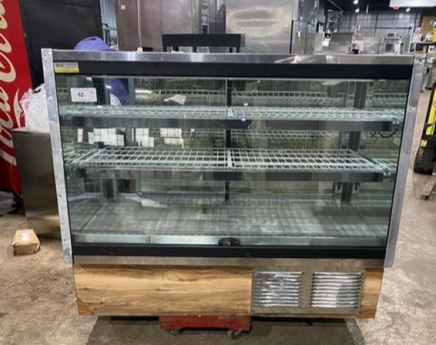 Marc Commercial 59" Flat Glass Refrigerated Bakery Display Case, Model SQBCR59, poly-coated wire rack, rear sliding glass doors.