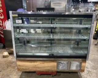 Marc Commercial 59" Flat Glass Refrigerated Bakery Display Case, Model SQBCR59, poly-coated wire rack, rear sliding glass doors.