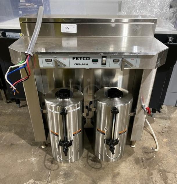 Fetco CBS-62H commercial stainless steel twin coffee brewer, 2019 model, with hot water dispenser and insulated thermal dispensers.
