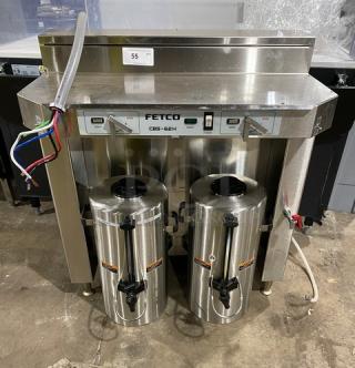 Fetco CBS-62H commercial stainless steel twin coffee brewer, 2019 model, with hot water dispenser and insulated thermal dispensers.
