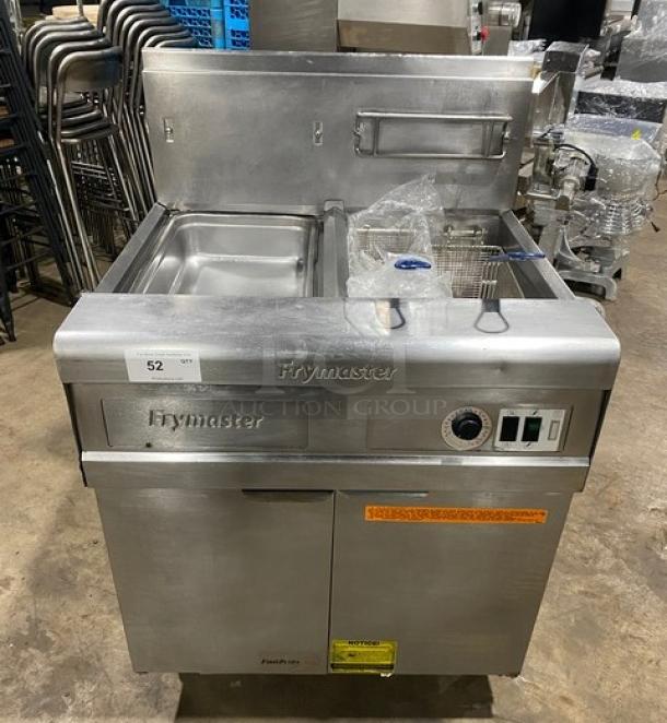 Fry Master FMP145ESC stainless steel 2-bay deep fryer, natural gas, with backsplash, basket hanger, and filtration system.
