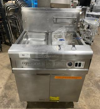 Fry Master FMP145ESC stainless steel 2-bay deep fryer, natural gas, with backsplash, basket hanger, and filtration system.