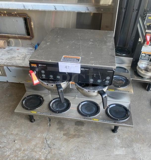 Bunn AXIOM Series twin coffee brewer with 6 warming plates, hot water dispenser, brew basket; Model AXIOM06TWIN, on legs.