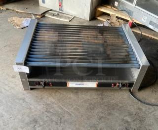 Nemco commercial stainless steel hot dog roller grill, model 8075SX-208-SP. Features non-stick GripsIt-coated rollers. 208V.