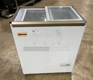 Omcan commercial white ice cream display freezer, model FR-CN-0150, with double glass sliding lid, 110V, in clean condition.