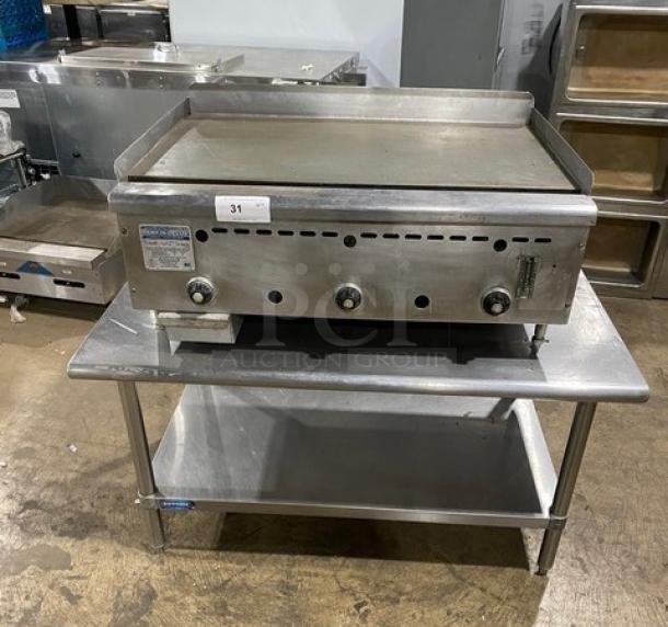 Rankin-Delux GT36C 36" stainless steel countertop griddle, thermostatic control, back & side splash, undershelf stand, model GT-36-C.
