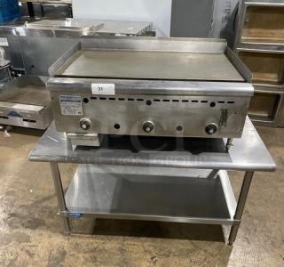 Rankin-Delux GT36C 36" stainless steel countertop griddle, thermostatic control, back & side splash, undershelf stand, model GT-36-C.