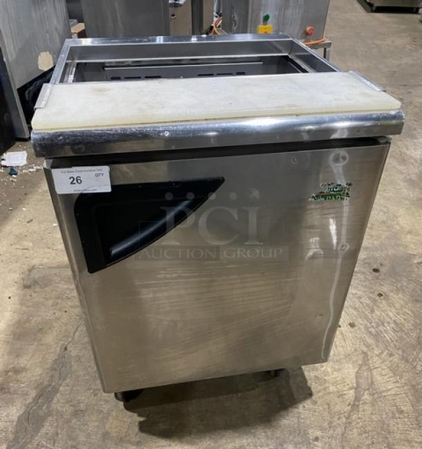 Turbo Air TST-28SD stainless steel refrigerated prep table with cutting board. 115V, on casters, single door.