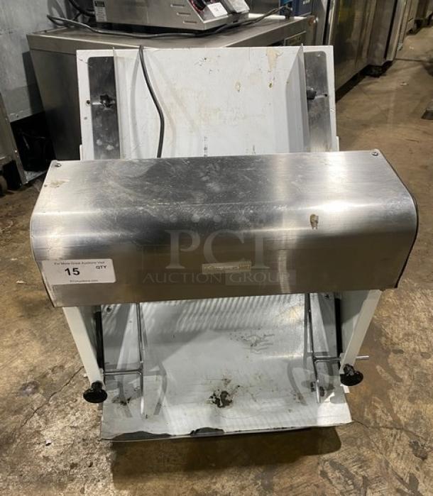 Twothousand TT-D7B electric bread slicer, stainless steel, 12mm slices, white powder-coated, countertop model, 110V, on legs.