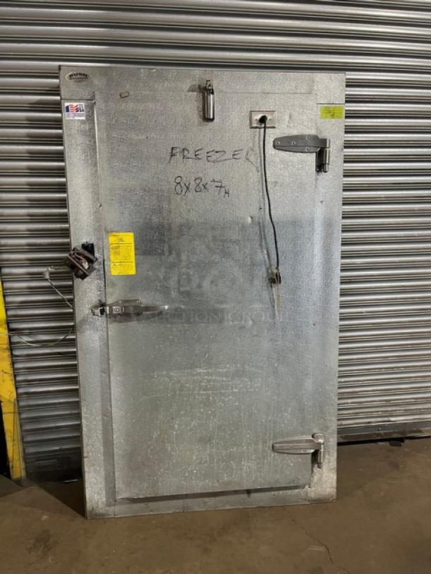 Bush Refrigeration 8'x8' commercial walk-in freezer door, includes blower, no compressor, SN: CI-284648, used condition.