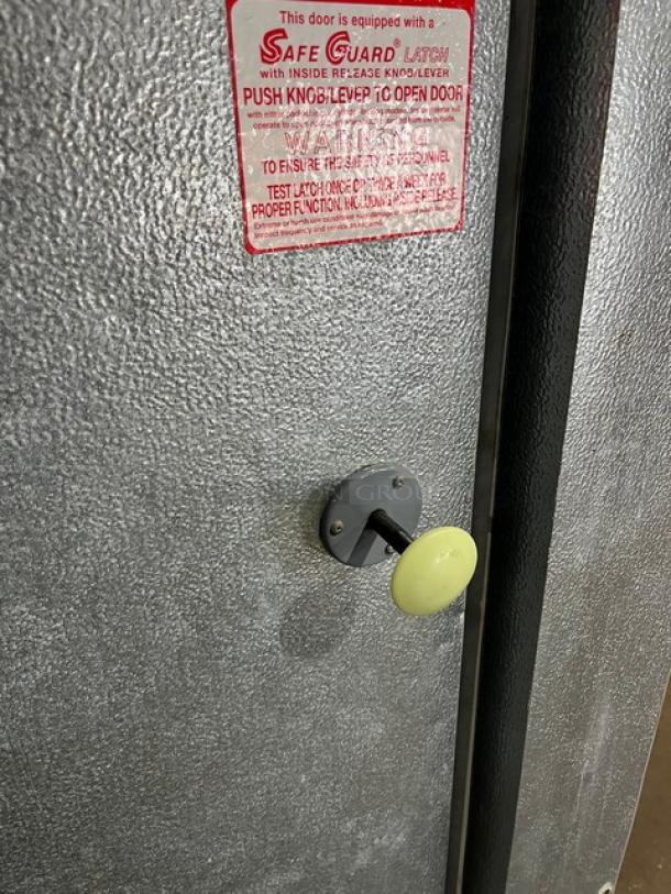 Bush Refrigeration 8'x 8' walk-in freezer door, Safe Guard latch, metallic finish, needs compressor, SN: CI-284648.