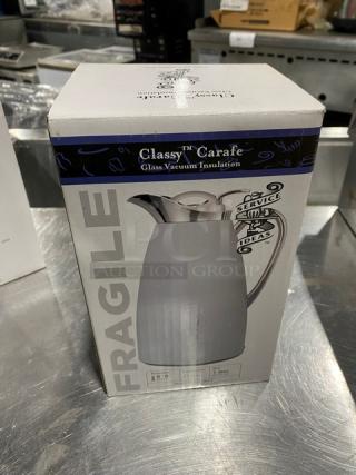New Service Ideas Marquette Series 1-Liter Insulated Coffee Carafe in box. Features glass vacuum insulation.