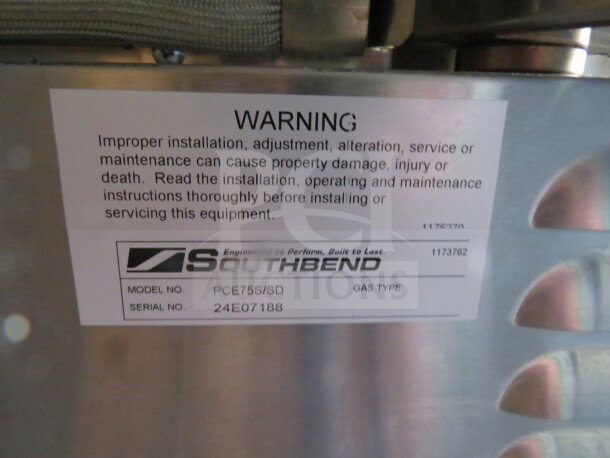 Southbend Platinum Series electric convection oven, model PCE75S/SD, with 5 racks, on casters. Warning label shown.