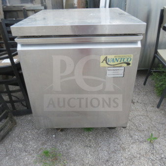 Avantco 1 Door Worktop Freezer, Model 178TUC27F, on casters, with one rack. Measures 27x29.5x36 inches, 115V.