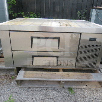 True TRCB-48 refrigerated chef base with two drawers on casters. Stainless steel, 115V, dimensions 48x32x36 inches.