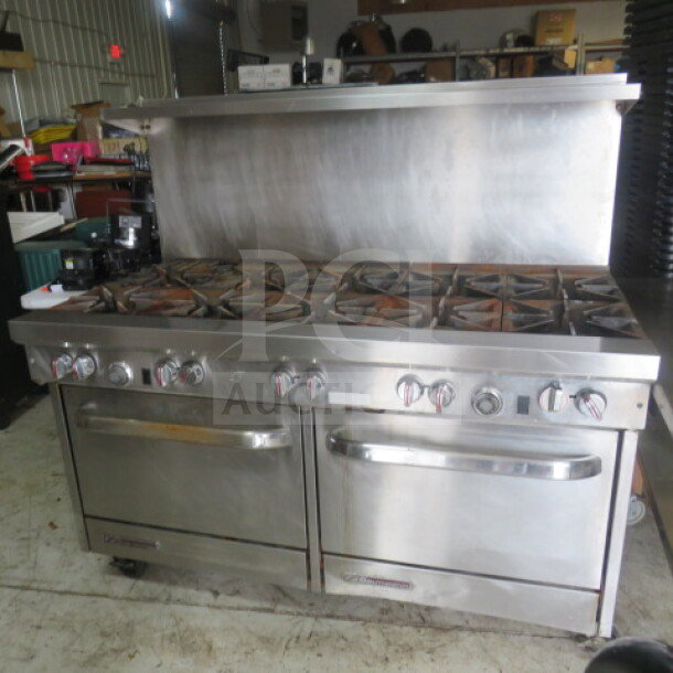Southbend S60DD natural gas 10 burner range with stainless steel overshelf and four racks, on casters. Dimensions: 60.5"x34"x59.5".