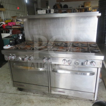 Southbend S60DD natural gas 10 burner range with stainless steel overshelf and four racks, on casters. Dimensions: 60.5"x34"x59.5".