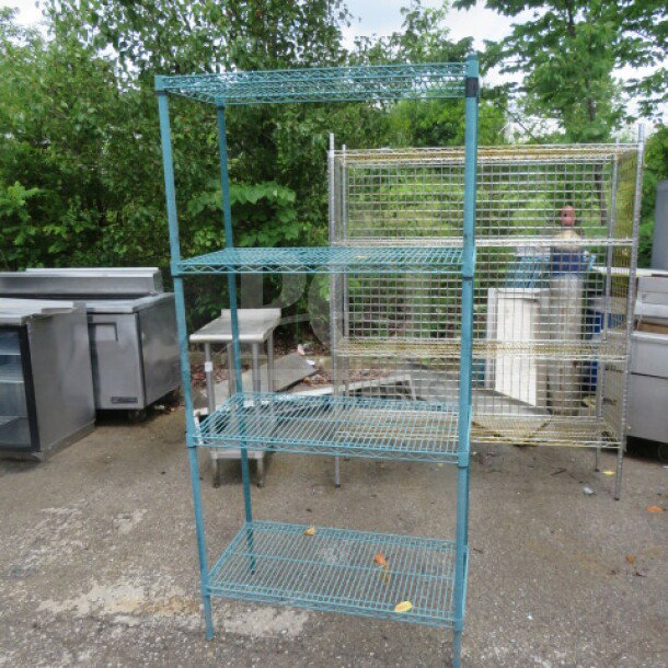 One green Metro shelf with four wire shelves, 36x18x75 inches. Suitable for storage, outdoor setting shown.