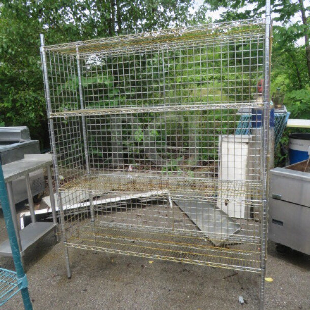Metro shelf unit with 4 wire shelves, 60x18x75 inches. Sturdy metal construction, suitable for storage. Good condition.