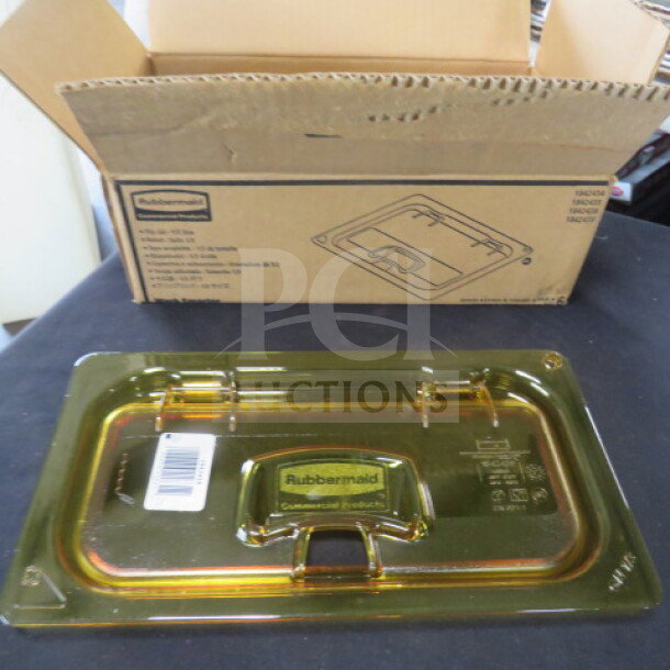 Rubbermaid 1/3 Size Amber Food Storage Flip Lid, new condition, shown with original packaging.
