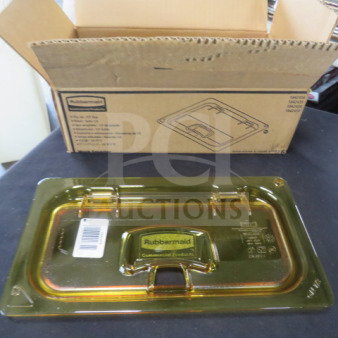 Rubbermaid 1/3 Size Amber Food Storage Flip Lid, new in box, model 6XBID, features durable material and secure fit.
