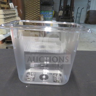 NEW Cambro 1/9 Size 6 Inch Deep Food Storage Container, clear plastic, labeled 0.75 QT, durable construction.