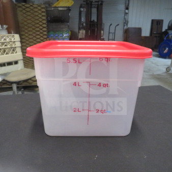 6 quart food storage container with red lid, transparent body, volume markings in quarts and liters, new condition.