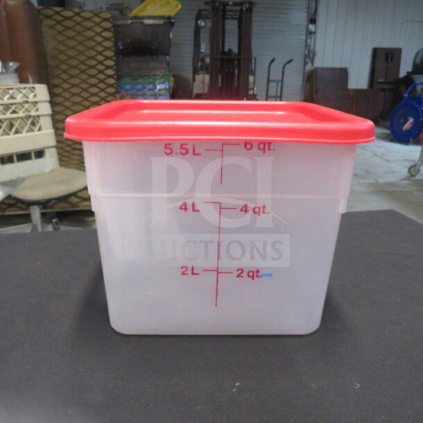 One 6-quart food storage container with a red lid, marked with volume measurements in quarts and liters.
