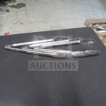 Vollrath 12-Inch Stainless Steel Tongs, scalloped tips, used condition, ideal for kitchen or grilling tasks.