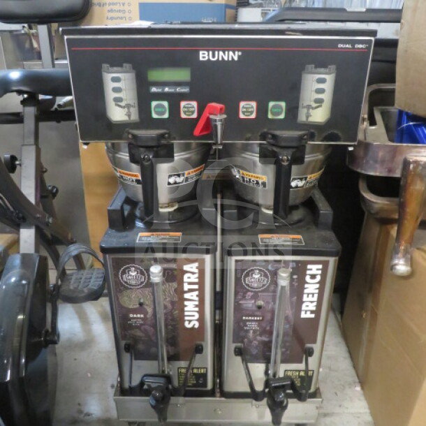 Bunn Dual Coffee Brewer Model DUAL SH DBC, includes two satellites, 18x19x36 inches, 6000 Watts, 1 Phase, used condition.