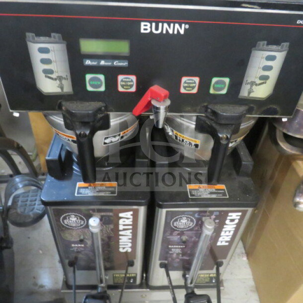 Bunn Dual Coffee Brewer with 2 Satellites, Model DUAL SH DBC, 120/240V, 1 Phase, 6000W, 18x19x36 inches, front panel controls.