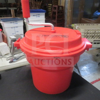 Red Chefmaster salad spinner, manual crank, durable plastic, lid with handle, lightly used, ideal for efficient drying.
