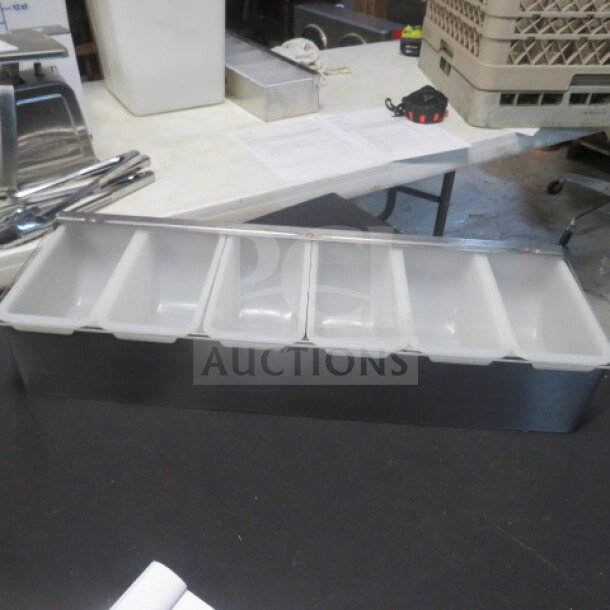 Stainless steel domed bar center with five compartments. Excellent condition, ideal for organizing bar supplies.