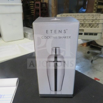 Stainless steel cocktail shaker in box; brand "ETENS." New condition.