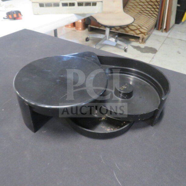 Black One Tequila Bar Salter; round design, dual compartments, used condition, suitable for margarita glass prep.