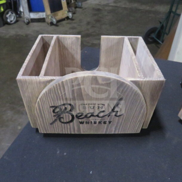 Wooden Beach Whiskey bar organizer with natural finish, featuring four compartments and "Sun Beach Whiskey" logo on front.