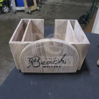Wooden Beach Whiskey bar organizer with natural finish, featuring four compartments and "Sun Beach Whiskey" logo on front.
