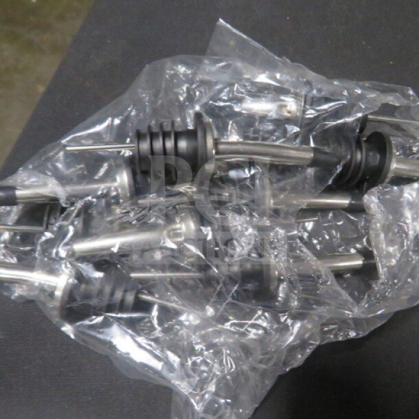 Lot of new liquor pourers, stainless steel, black rubber seals, unopened, in plastic packaging, excellent condition.