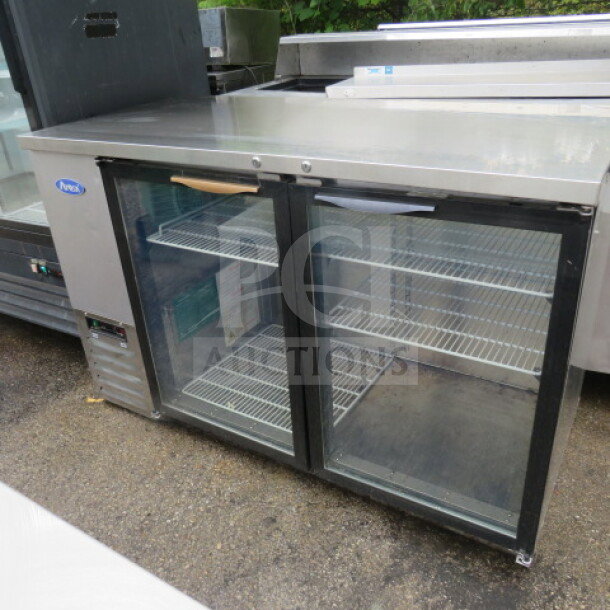 Atosa MBB59GGR 2-door glass display cooler with 4 racks, model visible. Measures 57.5"x27"x37". 115V, excellent condition.