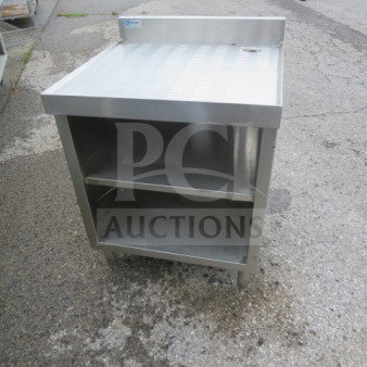 Klingers stainless steel drain table, Model GC-2S-24, 24x24x33 inches, with two under shelves, excellent condition.